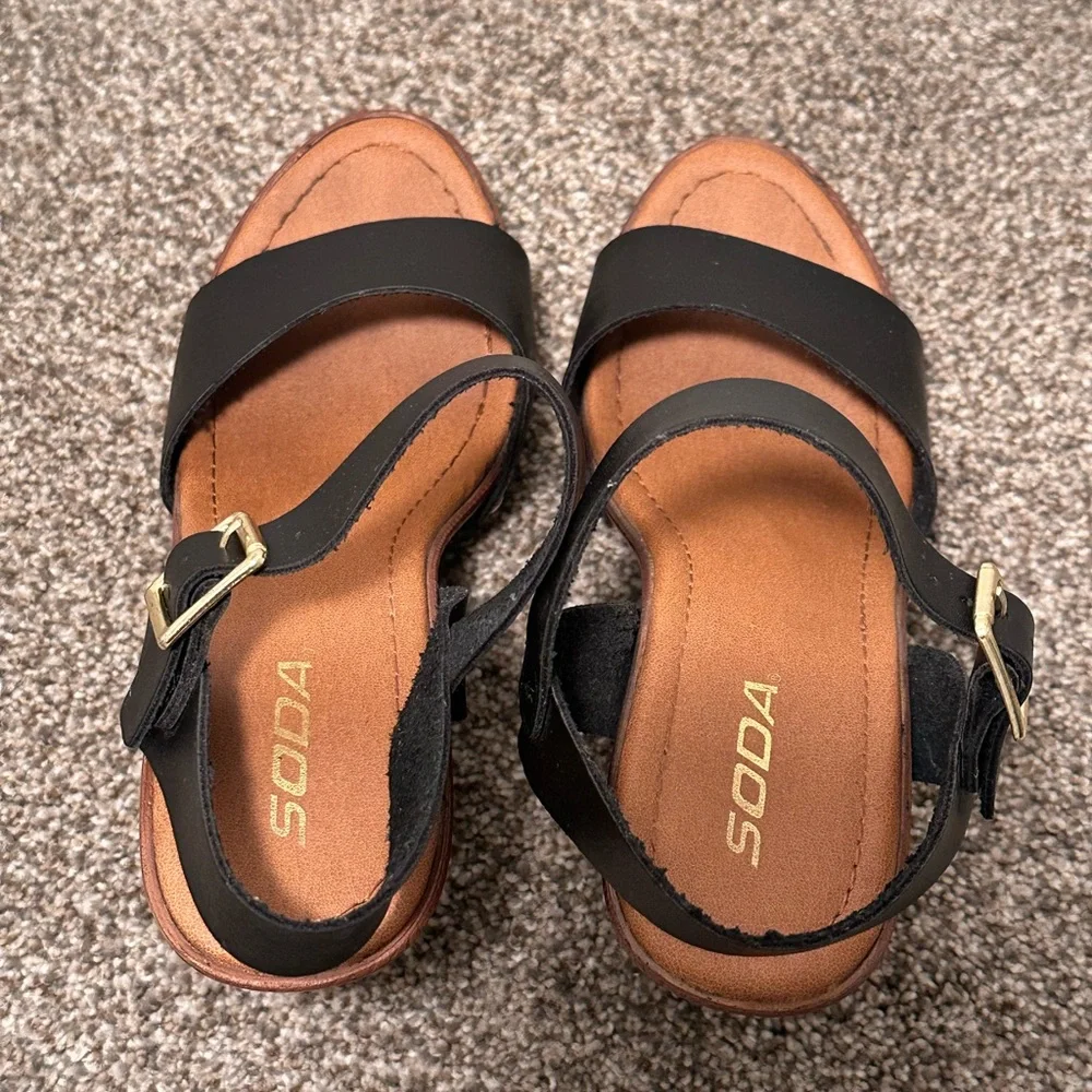 Soda Black and Tan Wedge Sandals